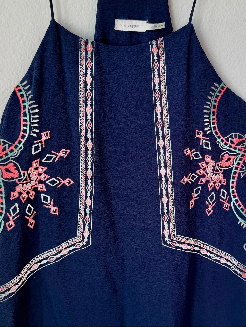 BLU PEPPER Sleeveless Navy Blue Embroidered Boho Mini Dress Cottagecore S - Picture 4 of 12